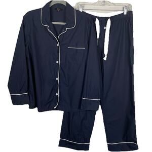 Quince 100% Organic Cotton Pajama Set Womens M Navy Button Up Drawstring Classic